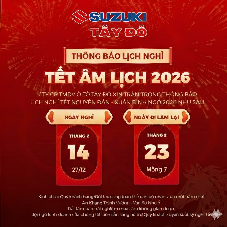 SUZUKI TÂY ĐÔ THÔNG BÁO LỊCH NGHỈ TẾT
