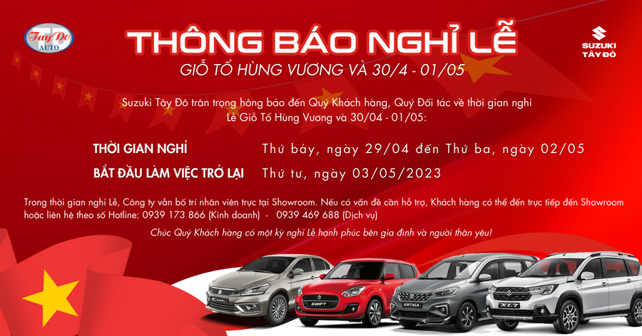 THÔNG BÁO THỜI GIAN NGHỈ LỄ GIỖ TỔ HÙNG VƯƠNG & 30/04 - 01/05/2023